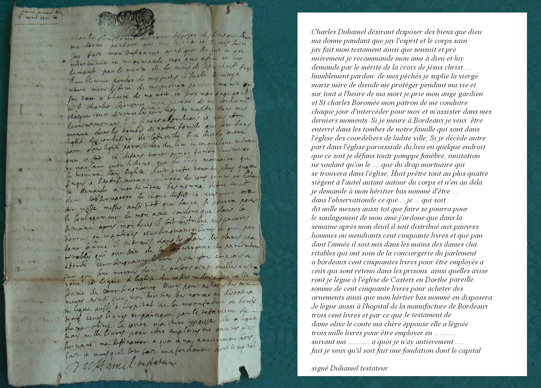 Testament page 1 avec transcription