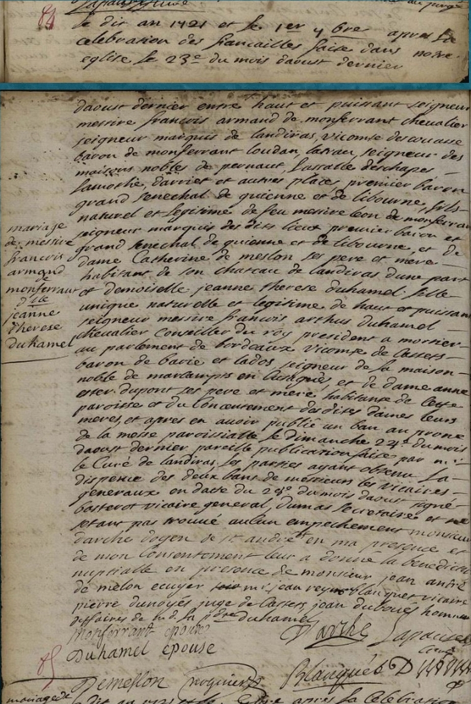 Acte de mariage de Monferrant et de Jeanne Thérèse.