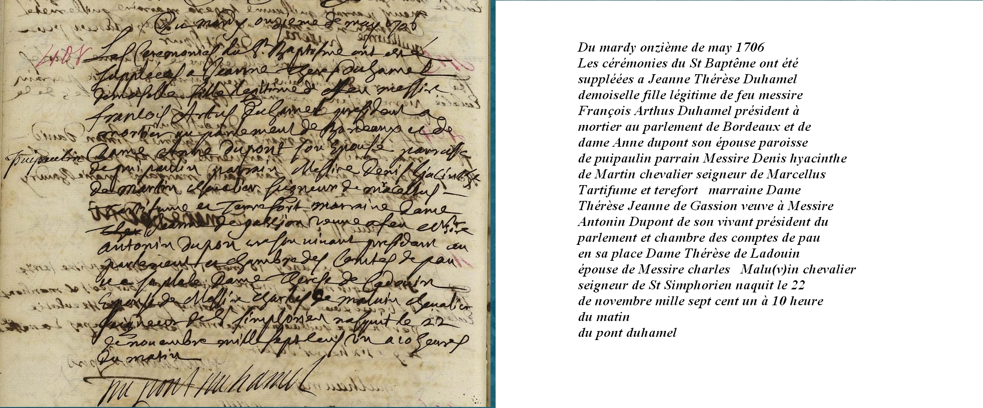 Acte de baptême de Jeanne Thérèse.