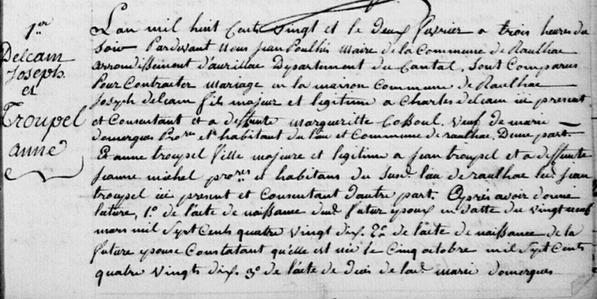 Acte de Mariage Anne TROUPEL et de Joseph DELCAM 