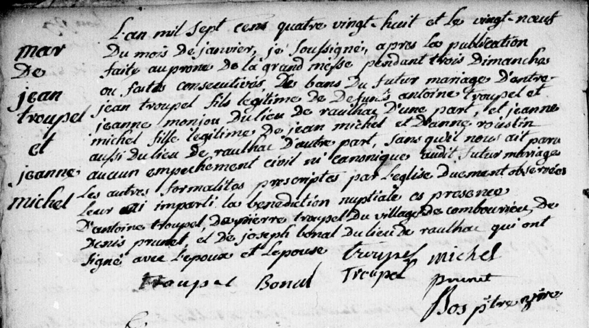 Acte de mariage de Jean Troupel et Jeanne Michel