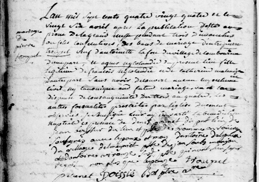Acte de Mariage de Pierre TROUPEL et d'Agnès Nicolaudie