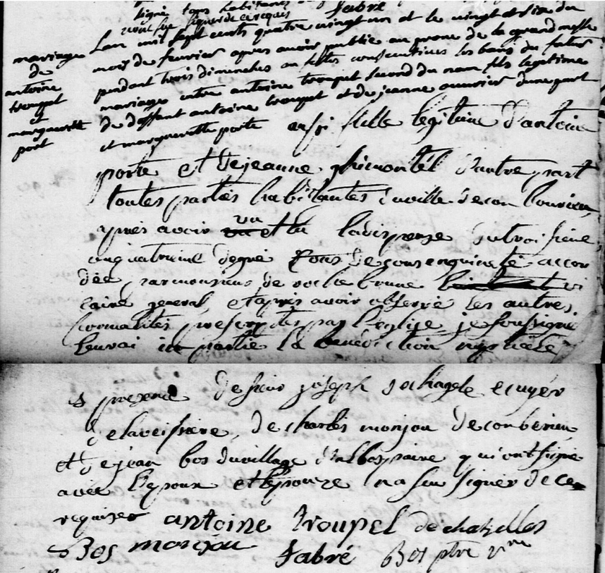 Acte de Mariage d'Antoine TROUPEL 4<sup>ème</sup> du nom et Marguerite PORTE